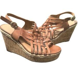 Franco Sarto Brown Leather Cork Wedge Sandals Strappy Slingback 9.5